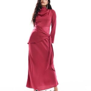 Elegant Fuchsia Long Sleeve Maxi Wrap Dress
